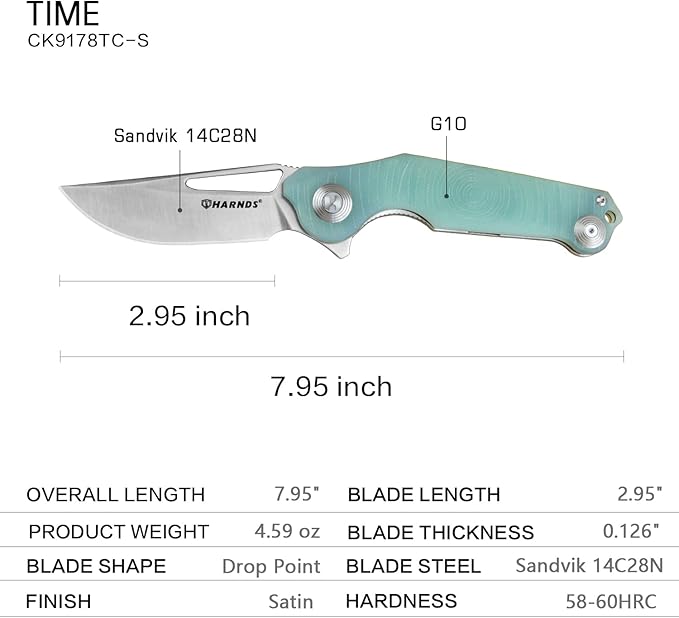 Harnds Time Folding Knife with Sandvik 14C28N Steel Blade Pocket Knife with G10 Handle Camping Knife with Pocket Clip (Transparent Cyan)