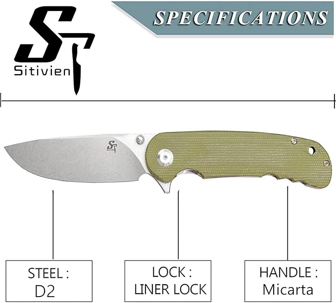 Sitivien ST106 Folding Knife, D2 Blade and Micarta Handle Flipper Pocket Knife, EDC Tool Knife for Outdoor Camping Hiking Survival(Army Green) …