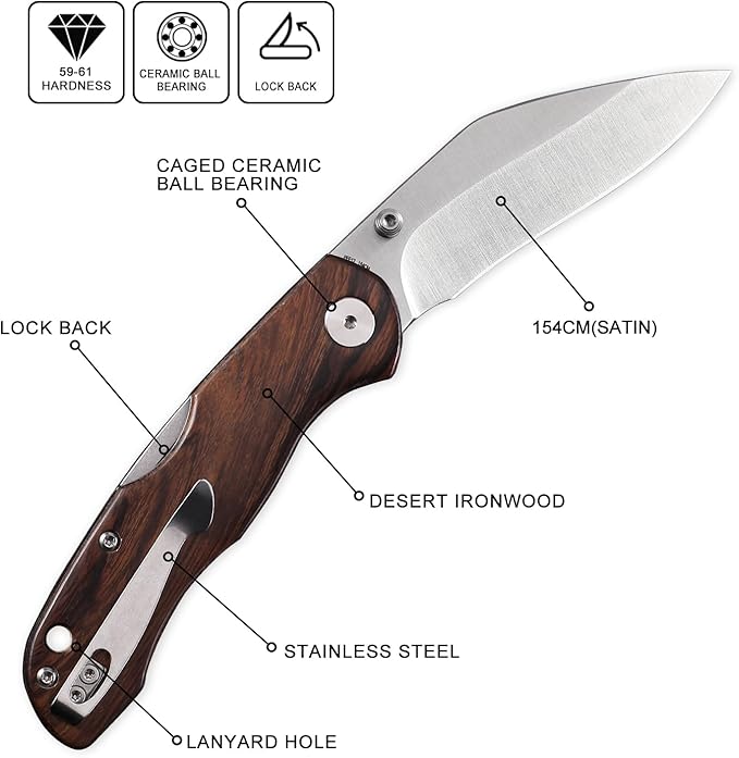 Petrified fish PFE12 Skalor Folding Knife,3.39" 154CM Steel Stonewashed Blade, Desert ironwood Handle 4.23oz Pocket knife for Camping, EDC (Satin Blade & Sandwood Handle)