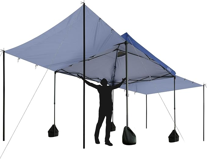 KAMPKEEPER 10x10 pop up Canopy Tent with 2 sidewalls Silver-Coated,Outdoor Canopy Tent for Parties with 2 Shelters,with 4 Poles, 4 Sandbags,8 Ropes,12 Stakes,and 1 Roller Bags