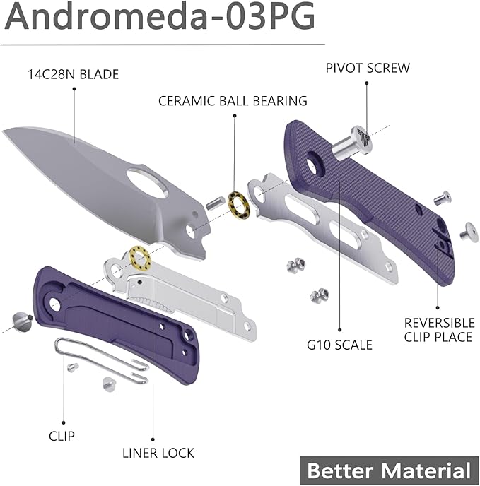 Pocket Knife for EDC,2.04in 14C28N Steel Blade,Purple G10 Reversible Deep Carry Clip Handle,Folding Thumb Hole Knives for Men and Women，Andromeda-03PG