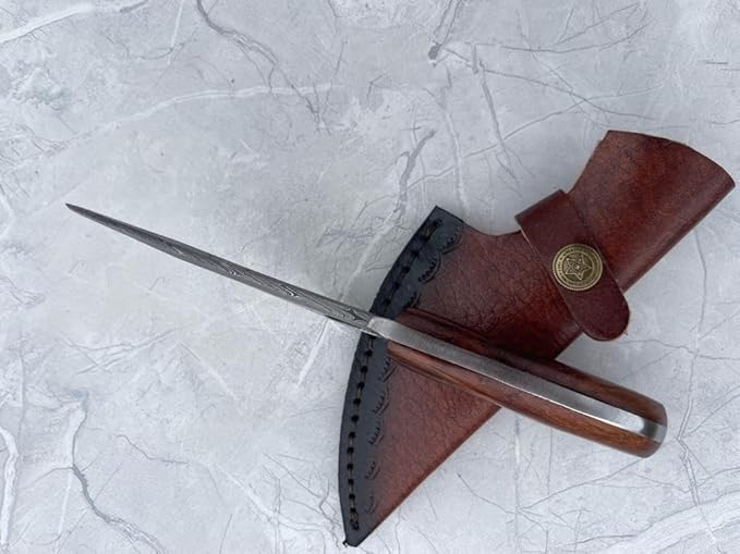Handmade Damascus Steel Full Tang Knife for Skinning, Camping, Outdoor with Leather Sheath Fixed Blade Bushcraft Knives | Rosewood Handle