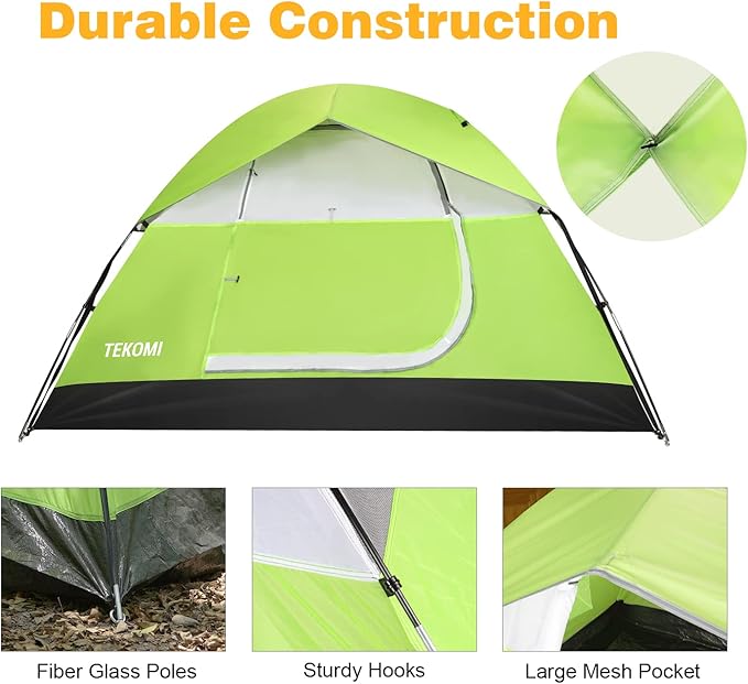 Camping Tent, TEKOMI Waterproof Family Dome Tent with Removable Rain Fly, Instant Cabin Tent for 60 Seconds Set Up, Advanced Venting Design, Fit Camp Backpacking Hiking Outdoor, Dark Green