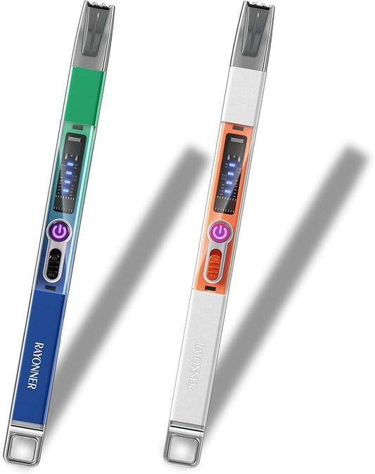 RAYONNER Electric Candle Lighter Plasma Arc Lighters Windproof & Flameless USB with Rechargeable Double Safety Switch for Candle BBQ Camping (2 Pack - Blue/Green Gradient&White-Orange)
