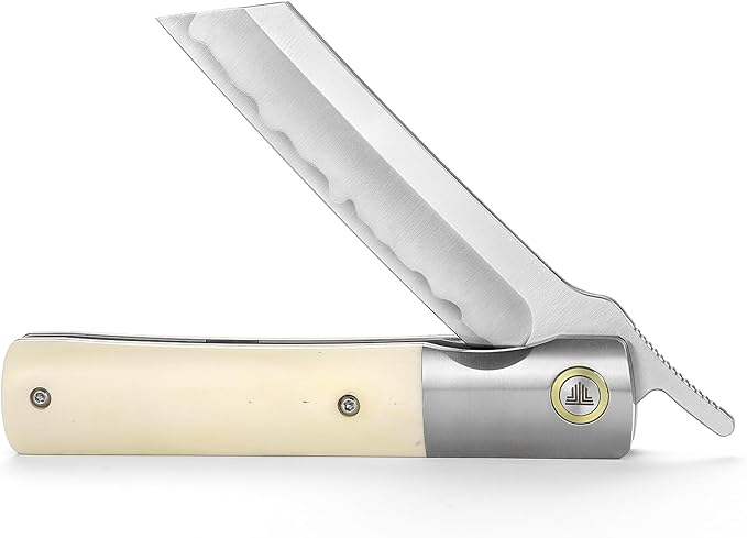 Higonokami Knives Folding Pocket EDC Knife for Men, 3.66" SKD11 Steel Blade, Ti Ring & Handmade OX Bone & Ti Bolster Handle,Leather Sheath for Camping Hiking knife, Kira-02W