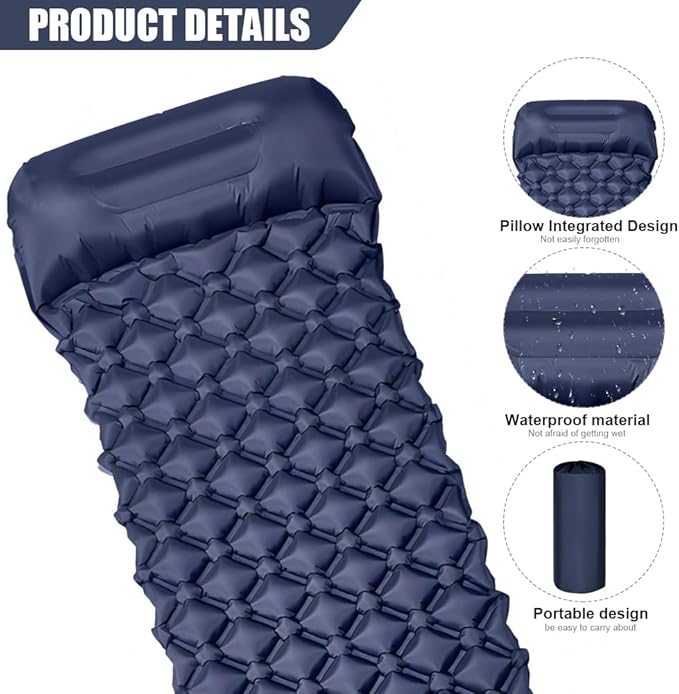 Sleeping Pads for Camping,Ultralight Inflatable Sleeping Pad for Camping with Pillow,Built-in Pump,Waterproof Nylon foror Camping, Backpacking, Hiking, Tent Mattress (Dark Blue)