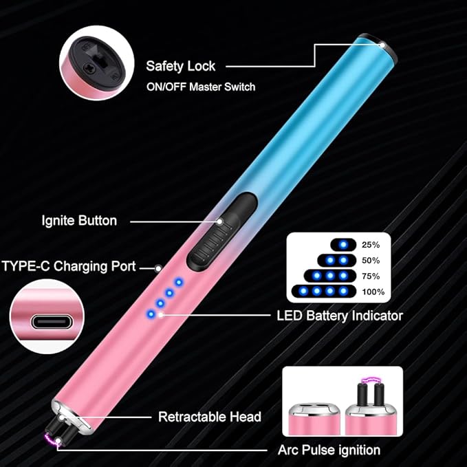 LcFun Electric Candle Lighter Rechargeable USB Lighters Flameless Plasma Arc Lighter Windproof Electronic Lighter Long Lighters for Candles, Grill, Camping, Gas Stoves