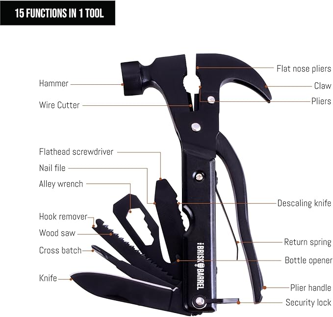 Hammer Multitool 15 in 1 | Multitool for Men | Compact Camping Multi Tool | Backpacking & Camping Multitool | Survival and Emergency Tool | Camping Hammer, Gifts for Men, Dad | Pocket Tool