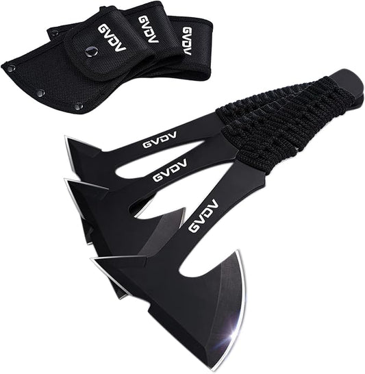 GVDV Throwing Axes Set - 3 Pack Hatchet with Full Tang Stainless Steel and Protective Nylon Sheaths for Camping Recreation and Competition
