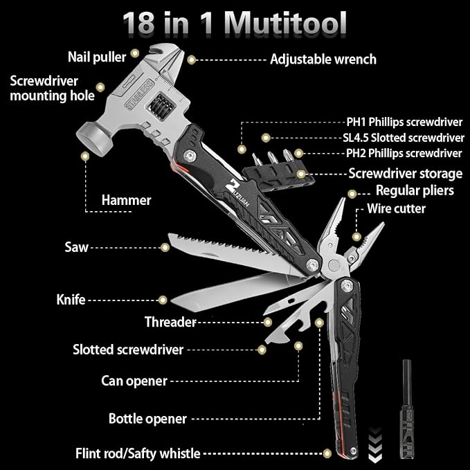 Upgraded 18 in 1 Multitool,Professional Stainless Steel Multitool Pliers with Replaceable Alloy Steel Blades Wire Cutters,Bottle Opener,Nylon Sheath,Apply to Survival,Camping & Hunting（Black）