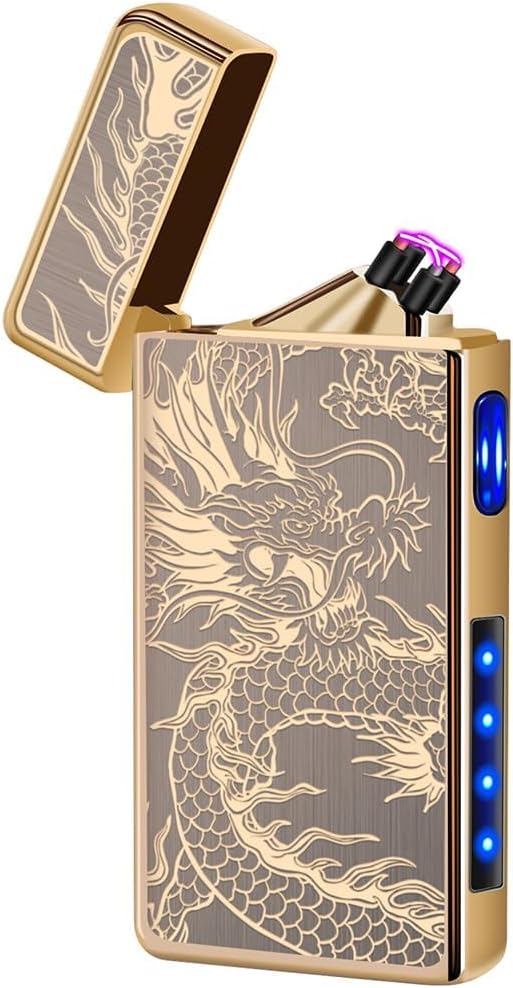 LcFun Plasma Lighter USB Type C Rechargeable Lighters Flameless Electric Lighter Windproof Dual Arc Lighter with LED Battery Indication for Candles, Outdoor Camping, Fireworks (Gold Dragon)