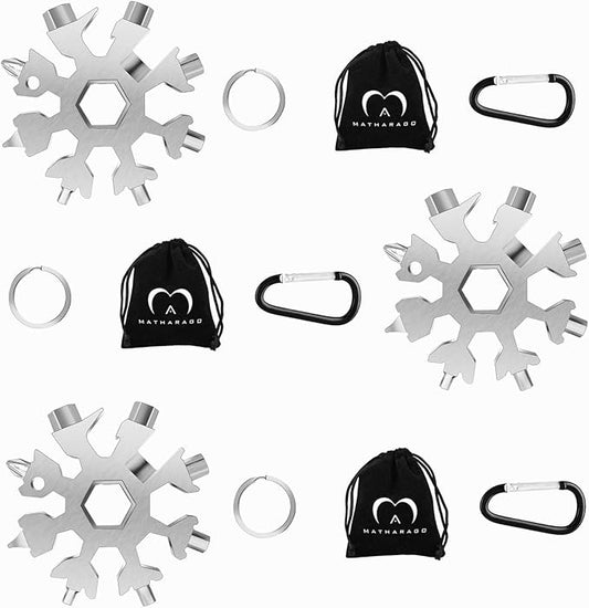 Snowflake Multitool, 3pcs Snowflake Tool Stainless Steel 18 in 1 Snowflake Multitool with Carabiner Clip, Keyring and Storage Bag for Christmas Gift Men's Present(three silver）
