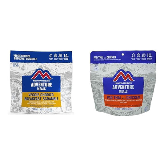 Mountain House Veggie Chorizo Breakfast Scramble 2-Servings & Pad Thai with Chicken 2-Servings Backpacking & Camping Food Bundle