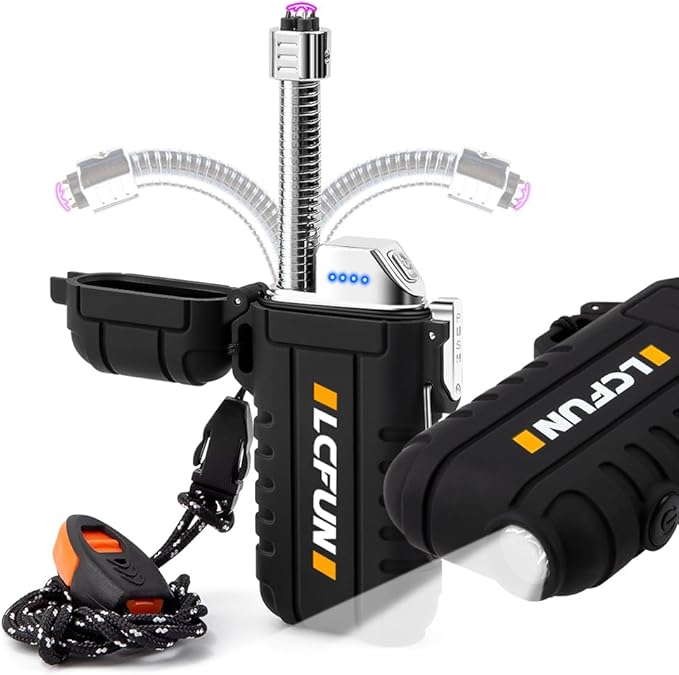 LcFun Electric Dual Arc Lighter USB Rechargeable, Windproof Plasma Lighters with LED Battery Indicator, Waterproof Flashlight Lighter with Whistle Lanyard for Camping, Survival Gear