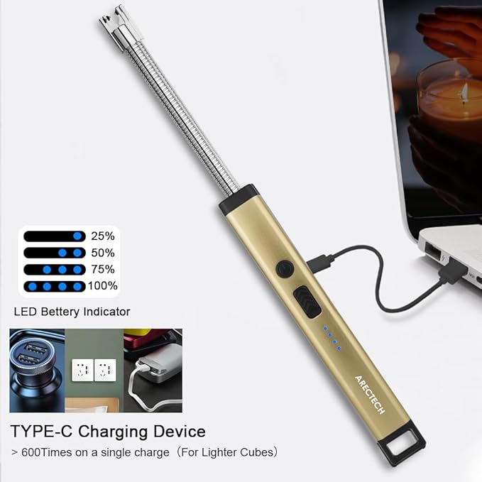 ARECTECH Lighter Candle Lighter Electric Lighter Rechargeable USB Arc Lighters for Candle Camping Cooking Fireworks Christmas Birthday Gifts with LED Light for Men Women Gold