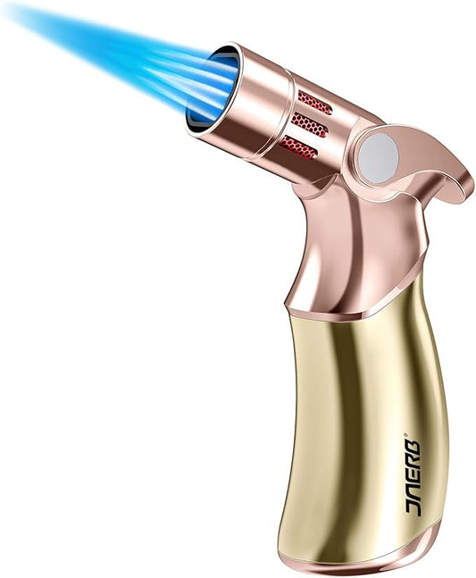 Torch Lighter, Adjustable 4 Jet Flame Refillable Butane Fuel Lighter Windproof Mini Butane Torch Lighter for Grill BBQ Gas Fireplace Fire Camping (Butane Gas Not Included) (Golden)