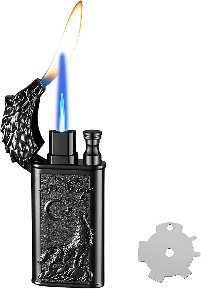 Torch Lighter, Relief Wolf Design Magic Dual Flame Lighter with Adjusting Flame Tool, Creative Windproof Lighter, Cool Jet Flame Butane Lighter, Refillable Butane Lighter for Outdoor Indoor