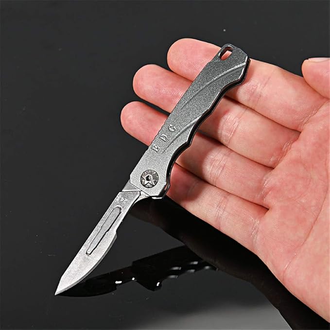 Mini EDC Pocket Knife,Aluminium Alloy Handle Carbon Steel Blade Folding Knife with 10 Extra Replaceable Blades,Portable Lightweight and Compact (Grey)