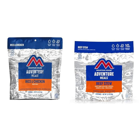 Mountain House Rice & Chicken | Freeze Dried Backpacking & Camping Food |2-Servings | Gluten-Free & Beef Stew | Freeze Dried Backpacking & Camping Food | 2 Servings | Gluten-Free