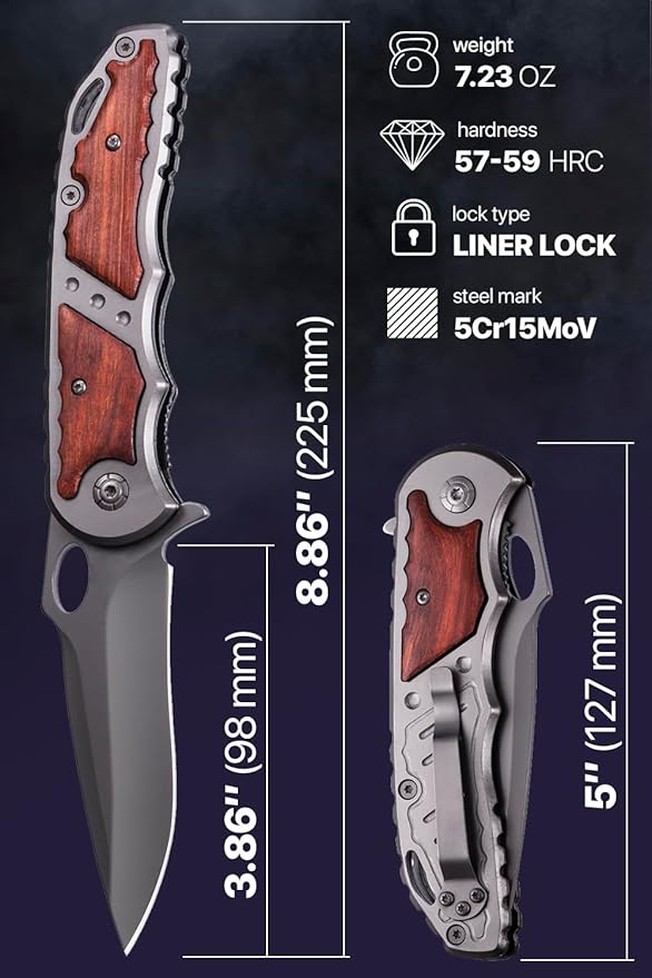 Grand Way Spring Assisted Knife - 5Cr15MoV Sharp Blade - Pocket Knife with Wood Handle - Tactical Folding Knives - Best for EDC Camping Survival - Birthday Gifts for Dad Men 97010