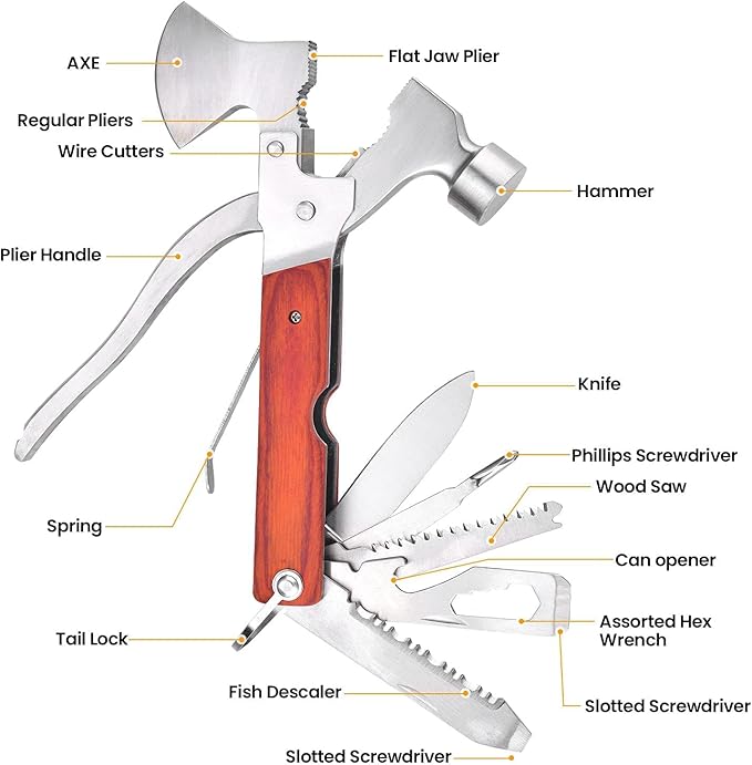 Multitool Camping Gear 12 in 1 Mini Hammer Survival Tool for Men Multipurpose Tool for Home, Camping Equipment，Work, Hammer, Pliers, Survival Knife (Axe)