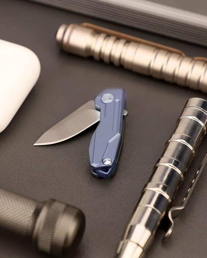 Samior HY002 Ultra Small Little Folding Pocket Flipper Knife, 1.3” D2 Damascus Blade, Blue Titanium Handle with Frame Lock, Mini EDC Keychain Necklace Knives (Blue)