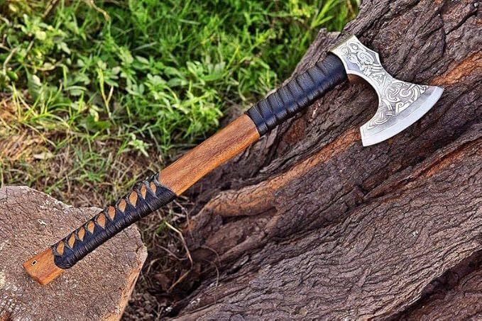 Viking Axe, Custom Handmade Carbon Steel Small Bearded Camping Axe, Rosewood Handle Camping Hatchet with Sheath 20 Inches Ax