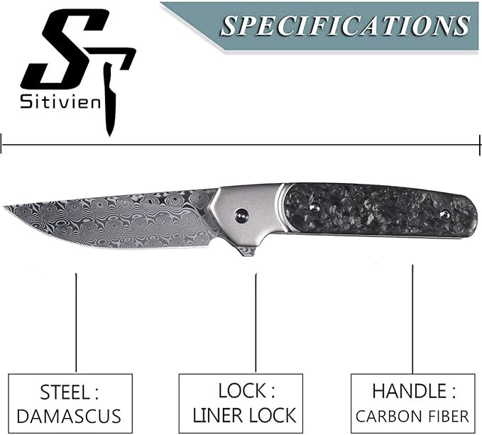 Sitivien ST252 Damascus Steel Folding Knife,Damascus Blade,Titanium Carbon Fiber Handle EDC Knife for Outdoor Camping Hiking(Gray) …