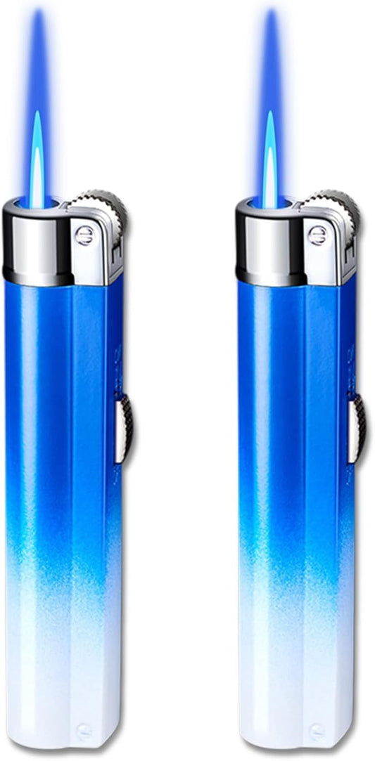 Torch Lighter, 2Pcs Mini Butane Refillable Gas Lighter with Lockable Function, Portable Adjustable Jet Flame Windproof Lighter for Kitchen, Indoor, Outdoor, Grill, Camping(Without Butane)-Blue