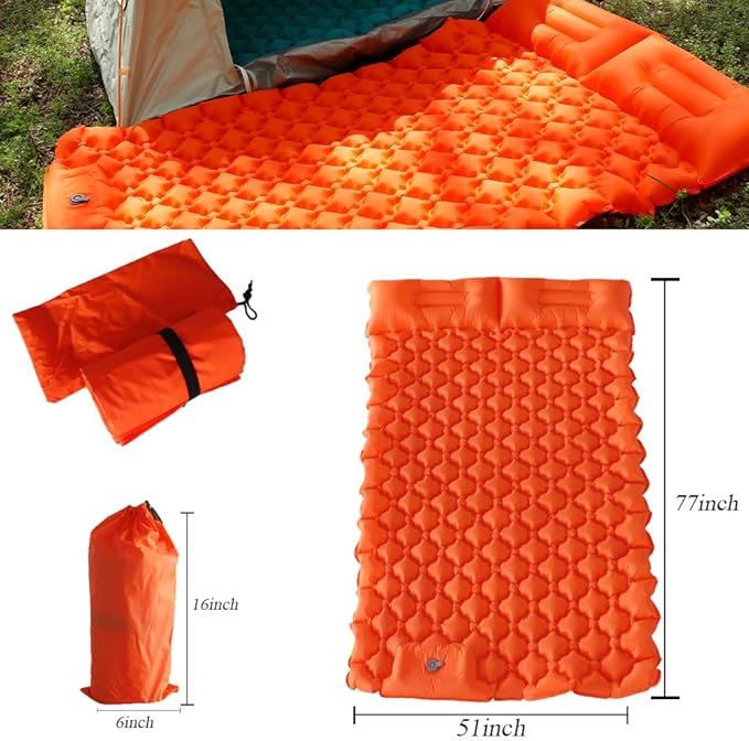 Sleeping Pad for Camping, Inflatable Sleeping Mat with Pillow, Camping Pad with Built-in Foot Pump, Lightweight Camping Mattress Pad for Car Camping, Backpacking, Tent and Hiking (Full (Orange))