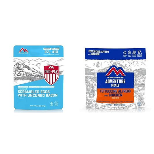Mountain House Eggs & Bacon, Gluten-Free, Freeze Dried & Mountain House Fettuccine Alfredo with Chicken