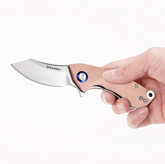 Harnds Ballet Folding Knife with Sandvik 14C28N Blade Camping Pocket Knife with Deep Carry Pocket Clip G10 Handle Flipper Open Liner Lock EDC (champagne)