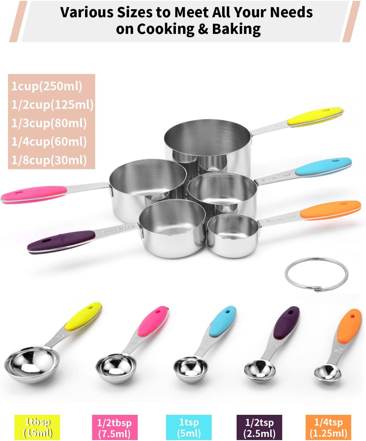 Joyhill Stainless Steel Measuring Cups and Spoons Set of 10 Piece, Nesting Metal Measuring Cups Set with Soft Touch Silicone Handles for Dry and Liquid Ingredients, Cooking & Baking (Colorful)