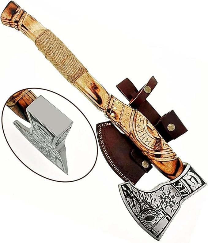 SK Handmade Viking Axe - Premium Hunting & Camping Tomahawk with Wood Handle & Leather Sheath for Men | Outdoor Survival Axe