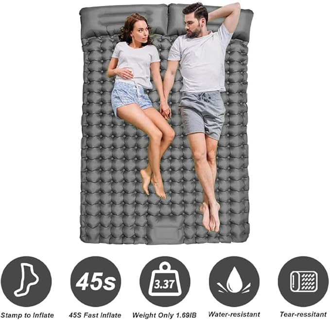 Double Sleeping Pad, Self-Inflating Sleeping Pad for Camping, Camping Sleeping Pad with Built-in Pump, 4" Extra Thickness Inflatable Sleeping Mat, Twin Air Mattress for Traveling (Gray)