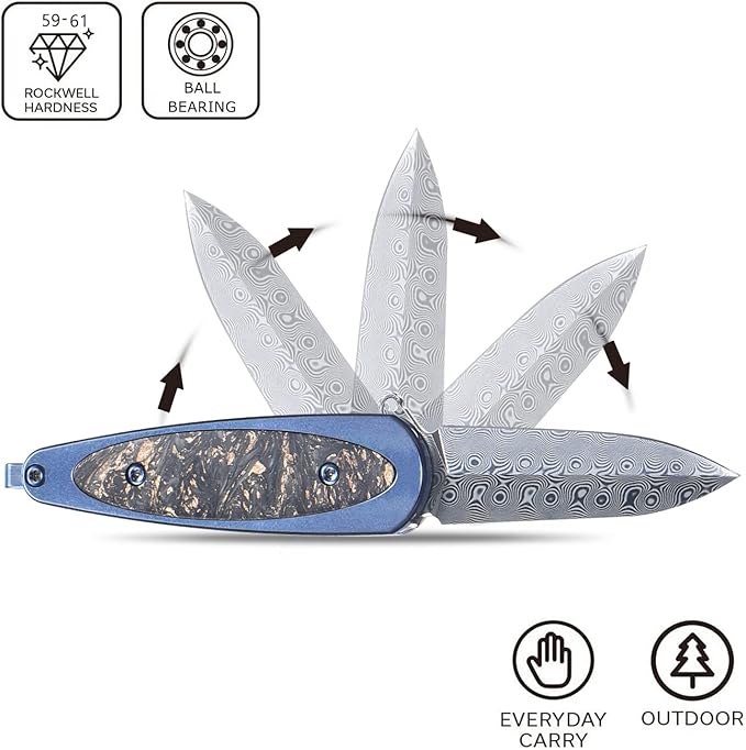 Sitivien ST228 Damascus Steel Folding Knife, Copper Platinum Carbon Fiber Inlays Handle and Rose Print Pattern Blade EDC Tool Knife for Outdoor, Camping, Hiking, Hunting(Blue) …