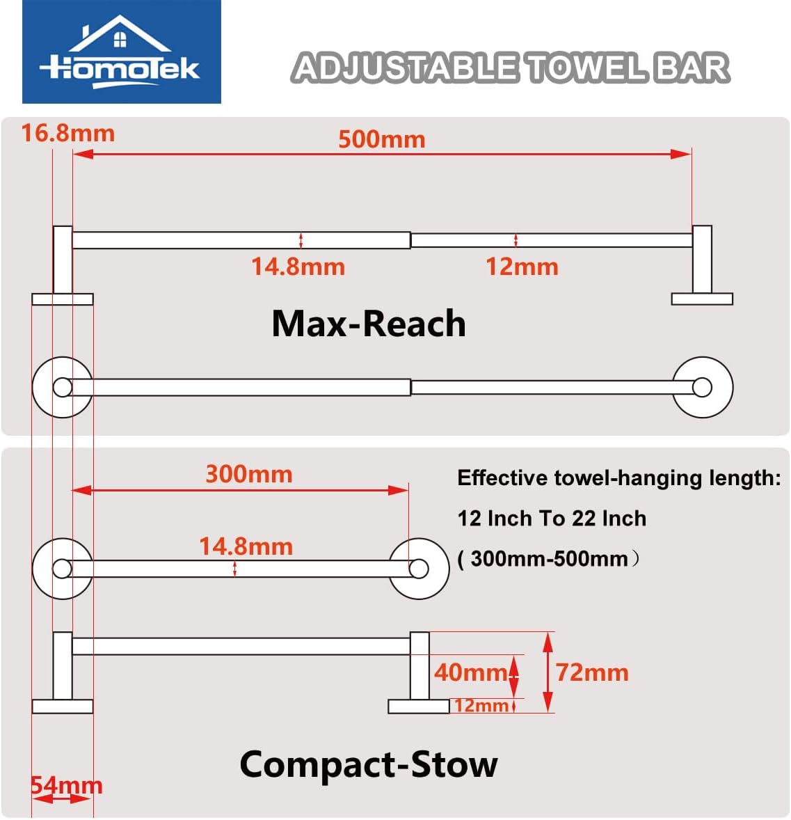 2 Pack Adjustable Towel Bar, HOMOTEK Economic Bathroom Towel Holder Rod from 12 Inch to 22 Inch Single Towel Racks, Wall Mount Towel Rail, Towel Hanger Hook for Kitchen(Brushed Stainless Steel)