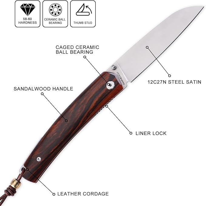 Petrified fish PF719 Folding Knife,3.34" 12C27N Steel Blade, G10 Handle Thumb Stud Liner lock Pocket knife (Sandalwood Handle)