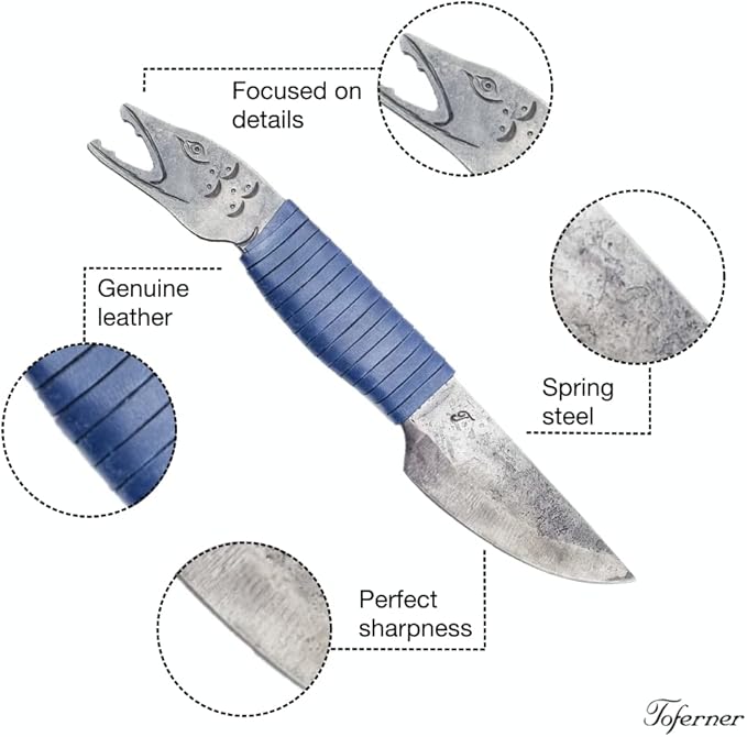 Toferner Hand Forged Knife Fish Head with Sheath, Vintage Knife for Antique Collection, Genuine Leather Case, Hardened Blade, Hand Made Craft, Gift Idea for Men (Blue)