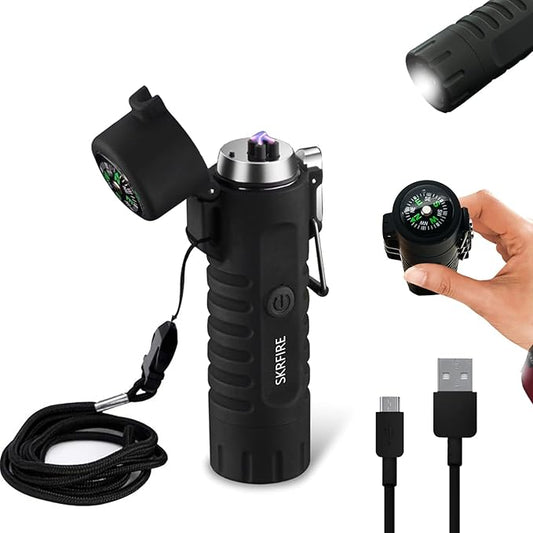 SKRFIRE Electric Lighter Rechargeable USB Plasma Dual Arc Lighter Waterproof Cool Portable Candle Lighter with Compass Flashlight Windproof Outdoor Lighter with Gift Box for Camping, Hiking (Black)