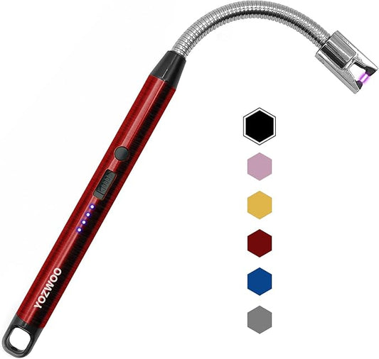 YOZWOO Candle Lighter USB C Electric Lighter Rechargeable Arc Lighter with LED Display 360 ° Flexible Neck Flameless Windproof Electronic Long Lighter for Outdoor Camping, Barbecue, Fireworks (Red)
