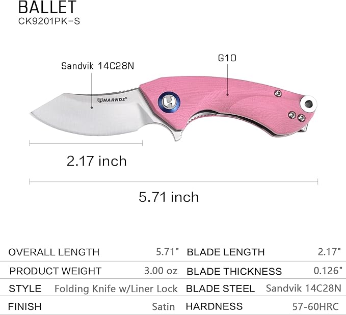 Harnds Ballet Folding Knife with Sandvik 14C28N Blade Camping Pocket Knife with Deep Carry Pocket Clip G10 Handle Flipper Open Liner Lock EDC (pink)
