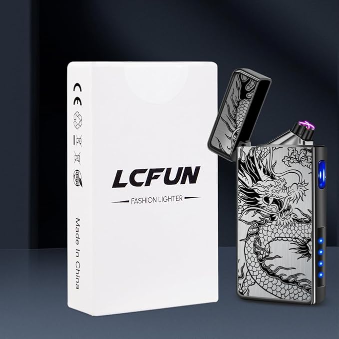 LcFun Electric Lighter USB Rechargeable Lighter, Windproof Plasma Dual Arc Lighter, Flameless Cool Lighters with LED Battery Indication for Candles, Incense Stick, Outdoor Camping (Black Dragon)