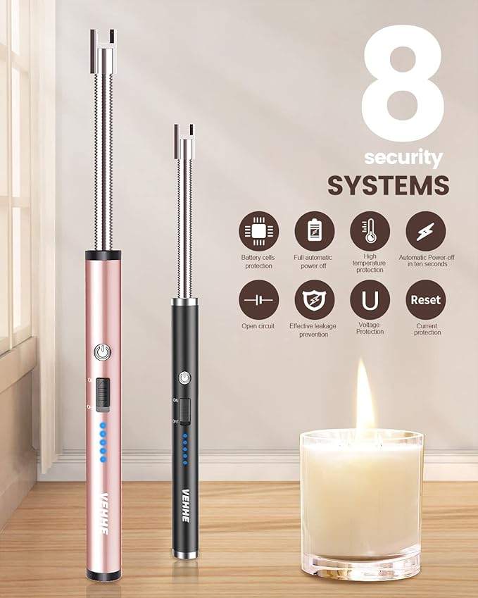 VEHHE Candle Lighter, 2 Pack Rechargeable Electric Lighter with LED Battery Display Safety Switch, Flexible Neck USB Lighter for Candles Camping Grill Gas Stoves Cooking (Black & Pink)