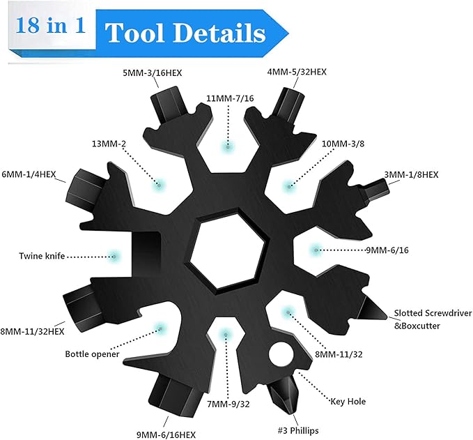 Snowflake Multitool,18-in-1 Stainless Steel Snowflake Tool, Snowflake Wrench Screwdriver with Key Ring,Carabiner Clip (Black)