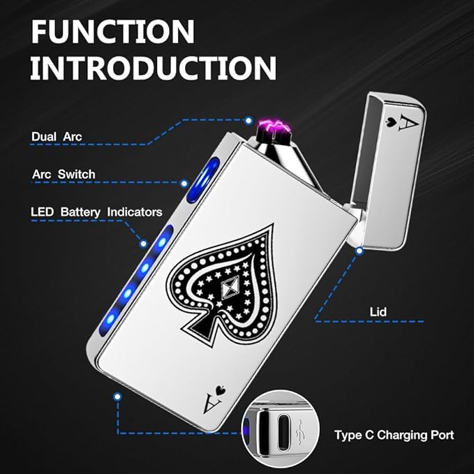 LcFun Ace Lighter USB C Electric Lighters Rechargeable USB Lighter with Poker Design Dual Arc Plasma Lighters Flameless Windproof Lighters for Candles, Incense Stick, Camping