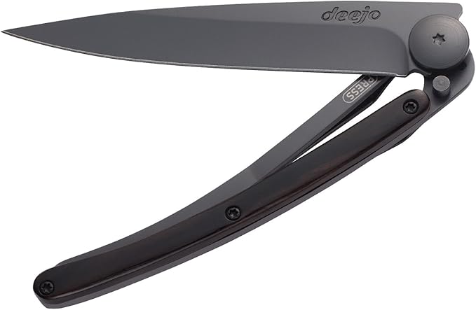 Deejo Ultra Lightweight Folding Pocket Knife with Belt Clip - Ebony Version 1.3 oz - Fine, Sharp Blade - Black Titanium Coating Stainless Steel - Elegant and Modern Design