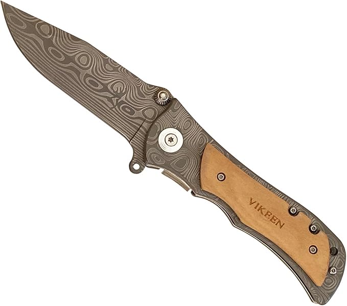 Pocket Knife, Folding Knife, Wood Handle Knife, Outdoor Camping Survival EDC Knife, gift for Men, Husband and Dad, with Nylon Pouch