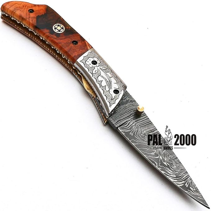PAL 2000 KNIVES FOL-8832 Handmade Damascus Steel Folding Pocket Hunting Knife with Sheath