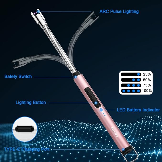 MeeToo Lighter Electric Candle Lighter Rechargeable USB Lighter Plasma Arc Lighter for Candle Camping (Rose Gold)